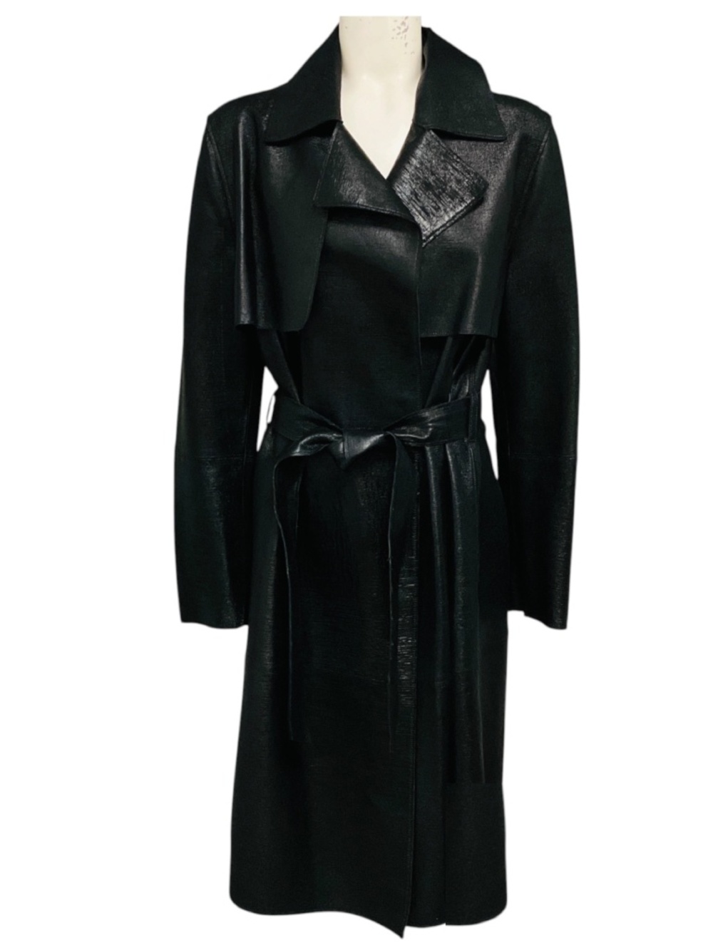 Fleurette Metallic Black Mid Length Leather Coat with Belt